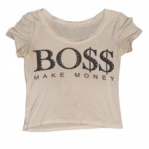 “Boss make money” rhinestone white graphic baby tee. 
No tag but fits XS/S.